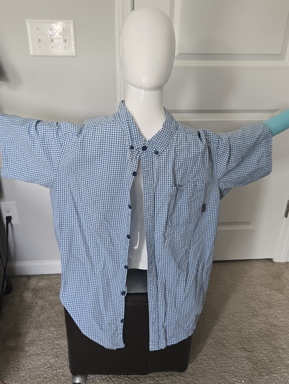 Columbia Regular Fit Men's Blue White Check Short Sleeve Button Down Shirt, XL
